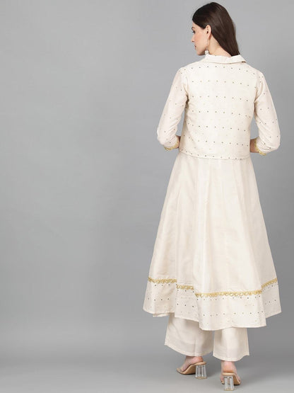 Women's  Off-White Self Design Kurta with Palazzos & Jacket