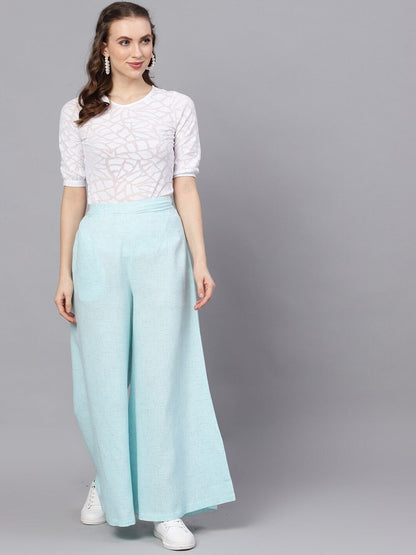 Women's  Blue Self Design Flared Palazzos