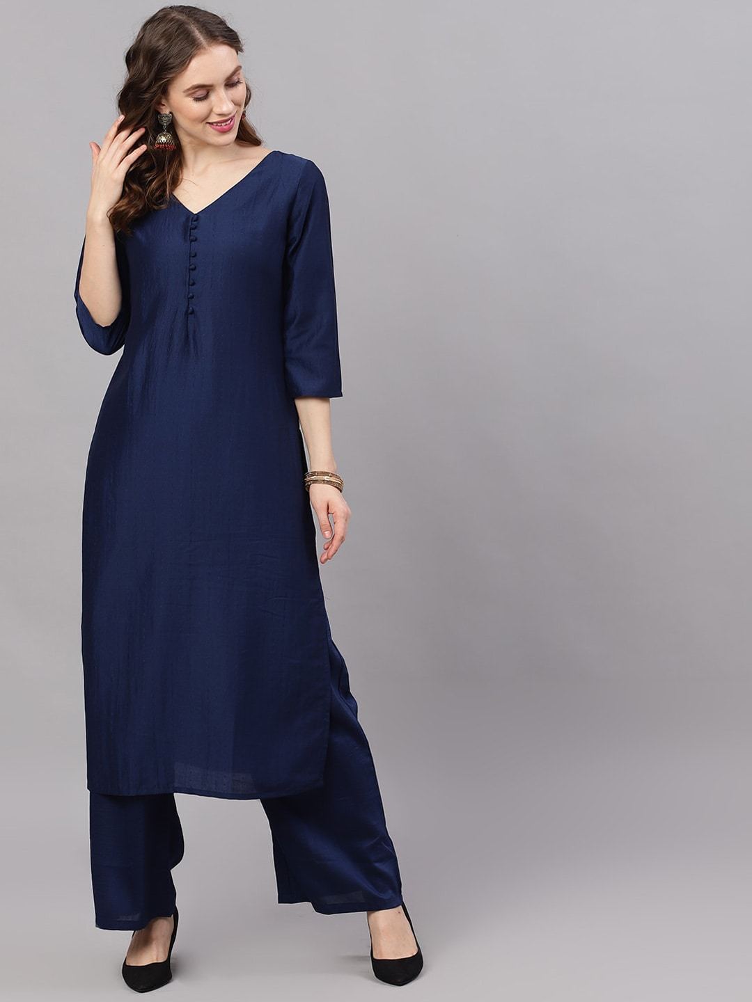Women's  Navy Blue Woven Design Kurta with Palazzos