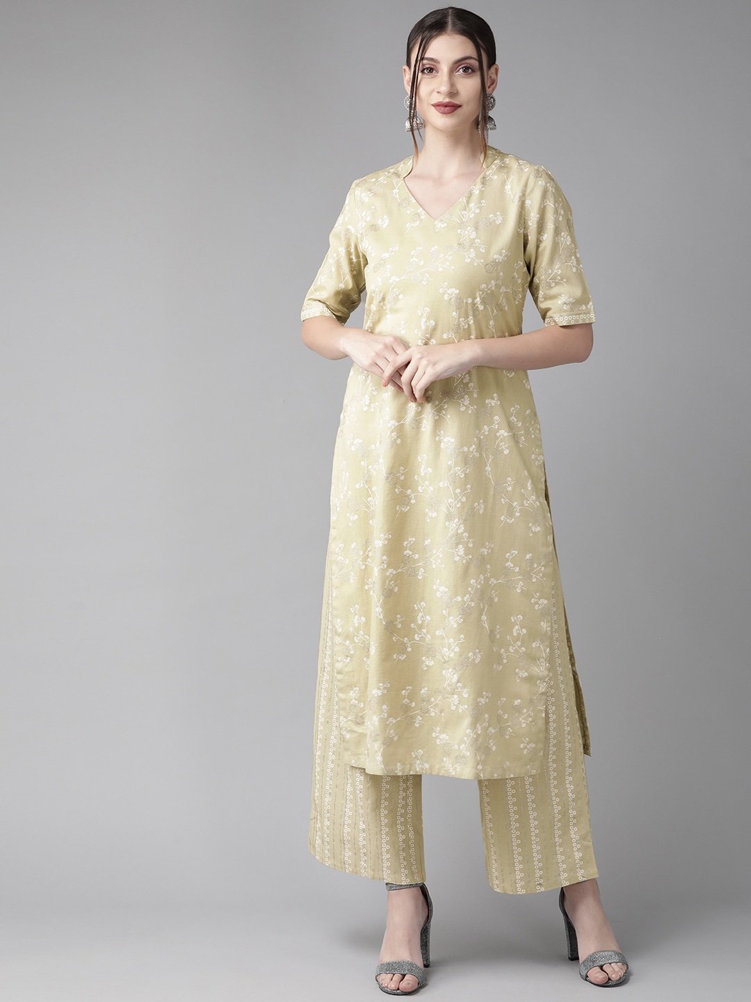 Women's  Beige & White Printed Kurta with Palazzos