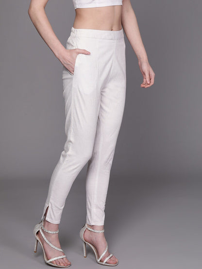 Women's  White Solid Regular Cropped Trousers