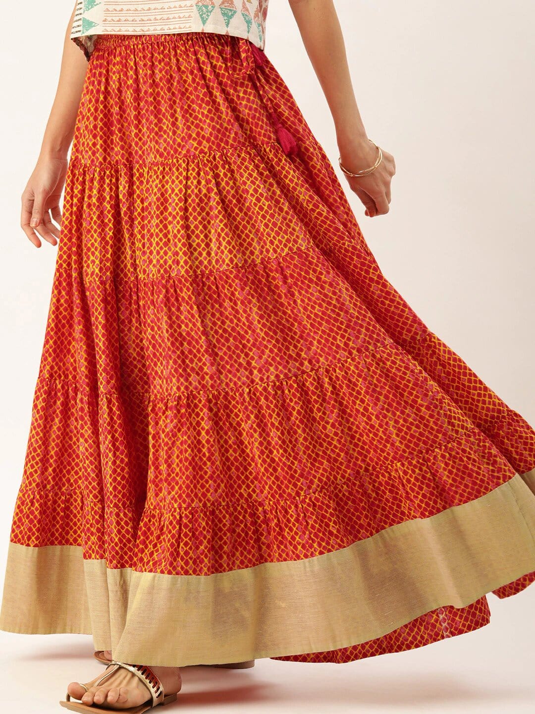 Women's Rust Orange & Mustard Yellow Dyed Tiered Flared Maxi Cotton Skirt
