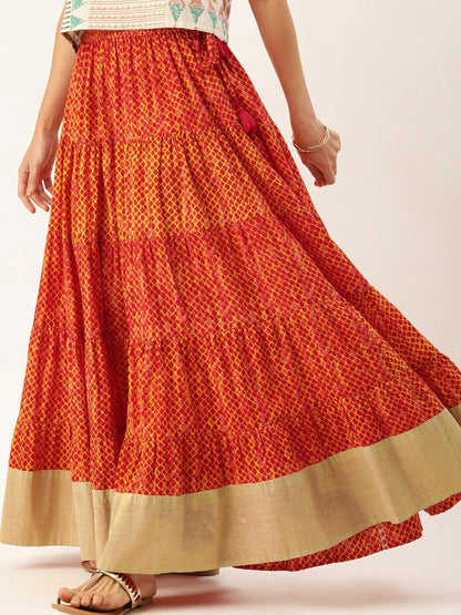 Women's Rust Orange & Mustard Yellow Dyed Tiered Flared Maxi Cotton Skirt