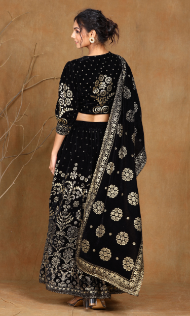 Women's Black Velvet Printed Lehenga Choli Dupatta Set