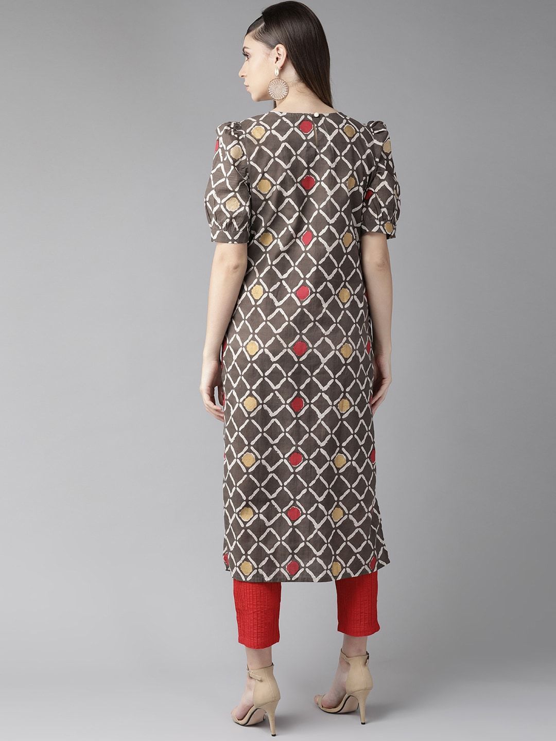 Women's  Brown & Off-White Checked Straight Kurta