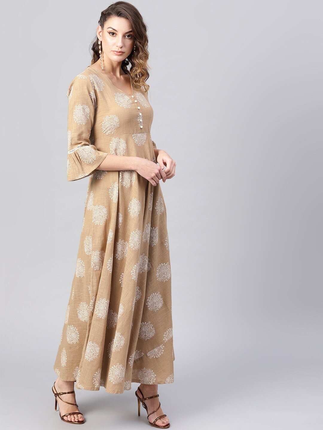 Women's  Beige & White Khari Print Maxi Dress