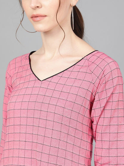 Women's  Pink & Black Checked Drop-Waist Dress