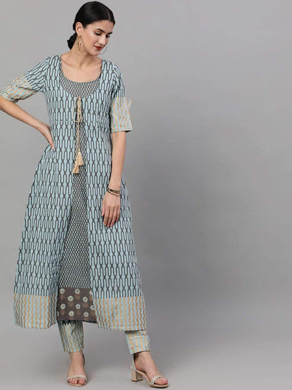 Women's  Grey & Blue Printed Kurta with Trousers