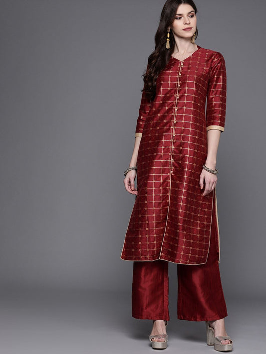 Women's  Maroon & Golden Checked Kurta with Palazzos