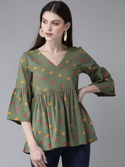 Women's Olive Green & Mustard Yellow Printed Tunic