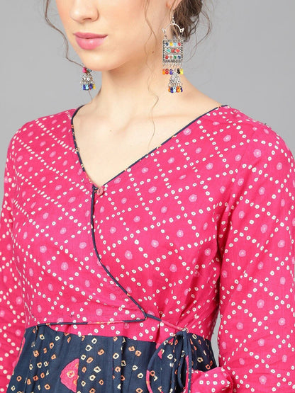 Women's  Navy Blue & Pink Printed Anarkali Style Angarkha Kurta