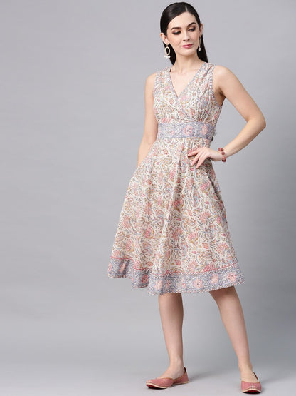 Women's  Off-White & Pink Printed Fit and Flare Dress