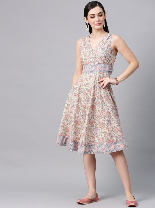 Women's  Off-White & Pink Printed Fit and Flare Dress