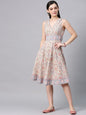 Women's  Off-White & Pink Printed Fit and Flare Dress