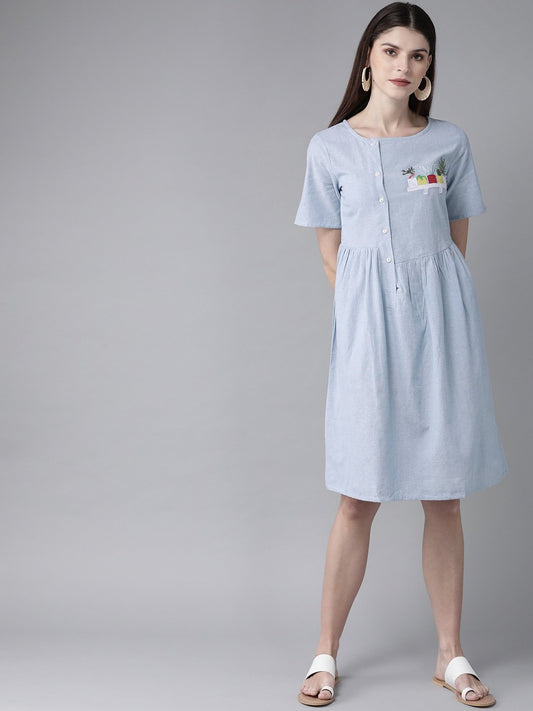 Women's  Blue Embroidered Detail A-Line Dress
