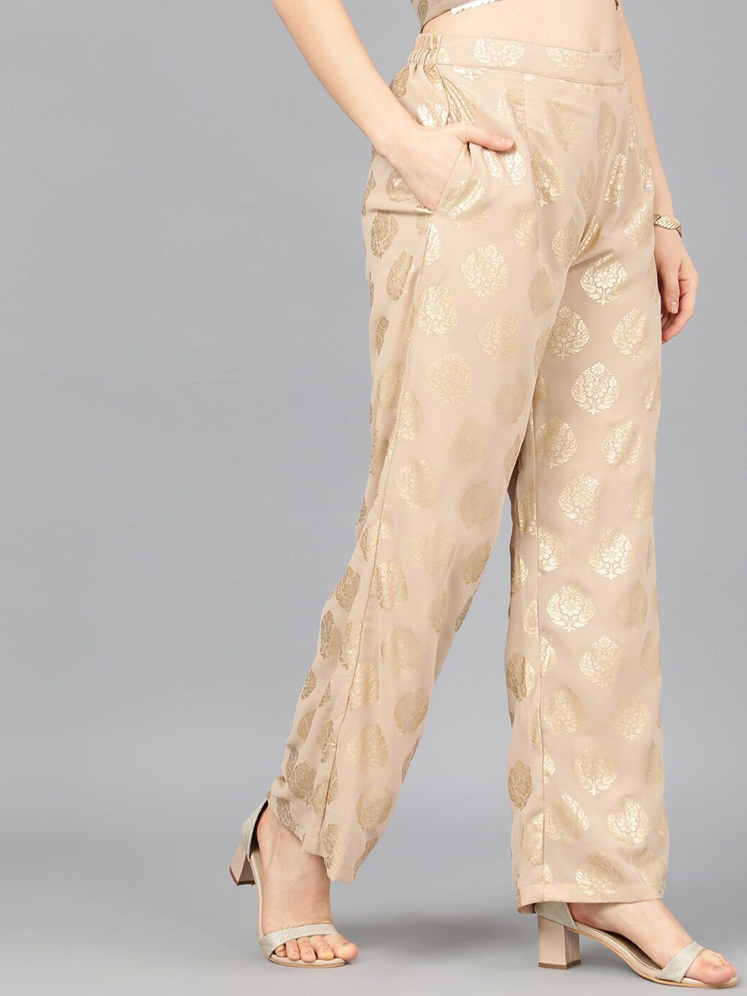 Women's  Beige & Gold-Toned Printed Wide Leg Palazzos