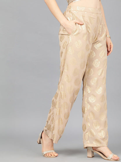 Women's  Beige & Gold-Toned Printed Wide Leg Palazzos