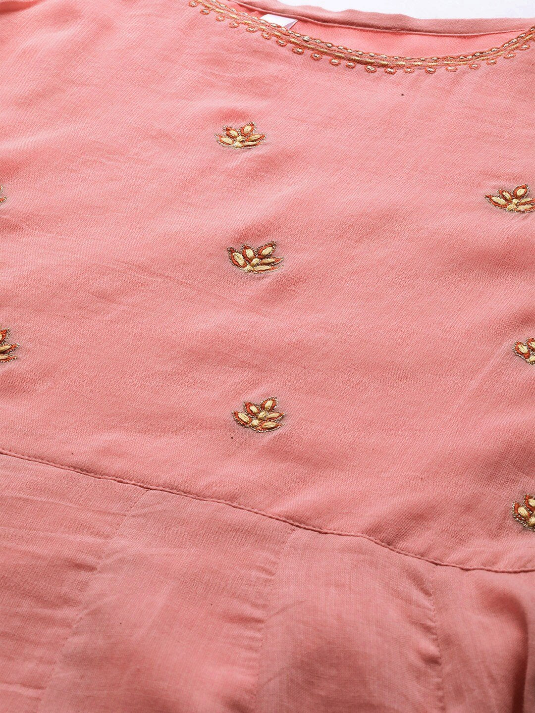 Women's  Peach-Coloured & Golden Yoke Design Anarkali Kurta With Dupatta