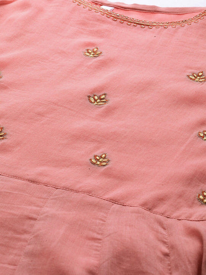 Women's  Peach-Coloured & Golden Yoke Design Anarkali Kurta With Dupatta