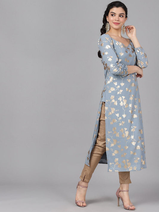Women's  Grey & Gold-Toned Foil Printed Straight Kurta