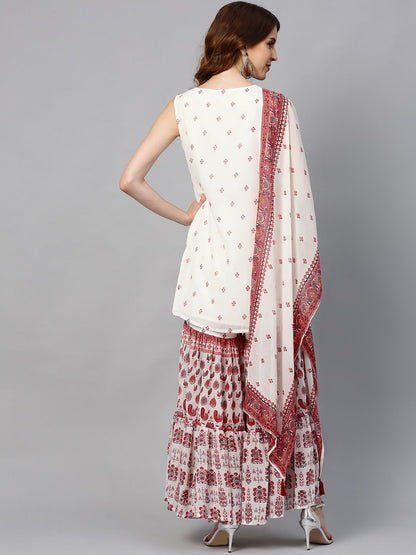Women's Georgette Printed Straight Kurta Sharara Dupatta Set