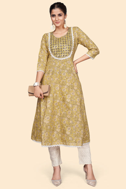 Women's Print & Embroidered A-Line Cotton Yellow Stitched Kurta