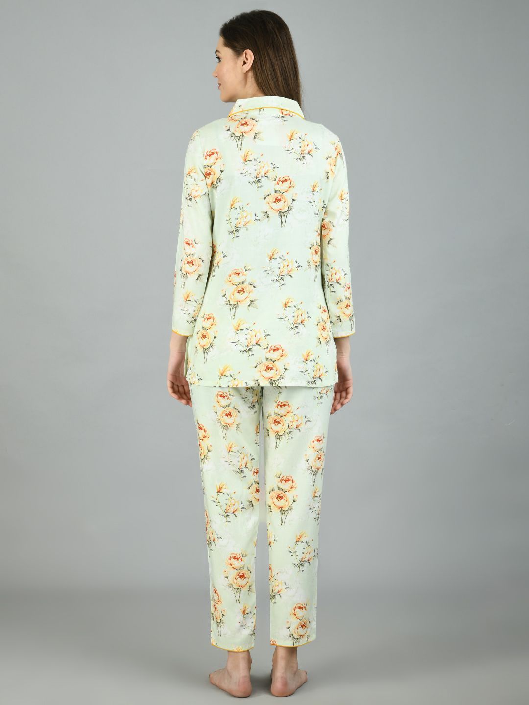 Women's Light Green Cotton Printed Full Sleeve Shirt Collar Casual Shirt Pyjama Set