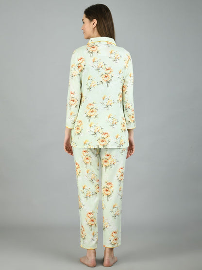 Women's Light Green Cotton Printed Full Sleeve Shirt Collar Casual Shirt Pyjama Set