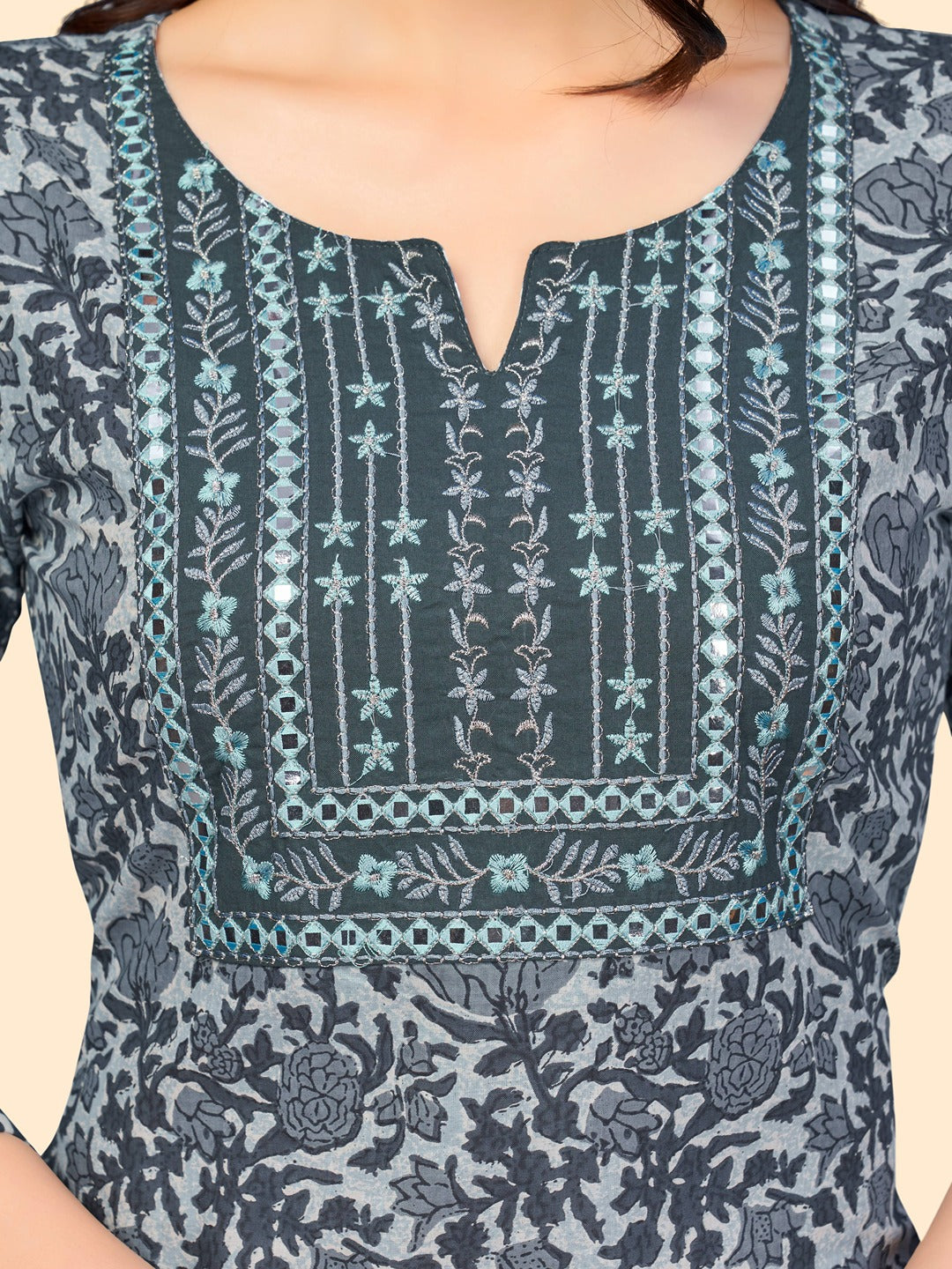 Women's Print & Embroidered Straight Cotton Grey Stitched Kurta Pant With Dupatta