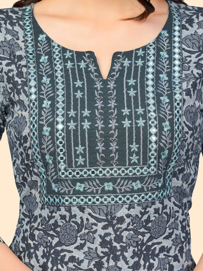 Women's Print & Embroidered Straight Cotton Grey Stitched Kurta Pant With Dupatta