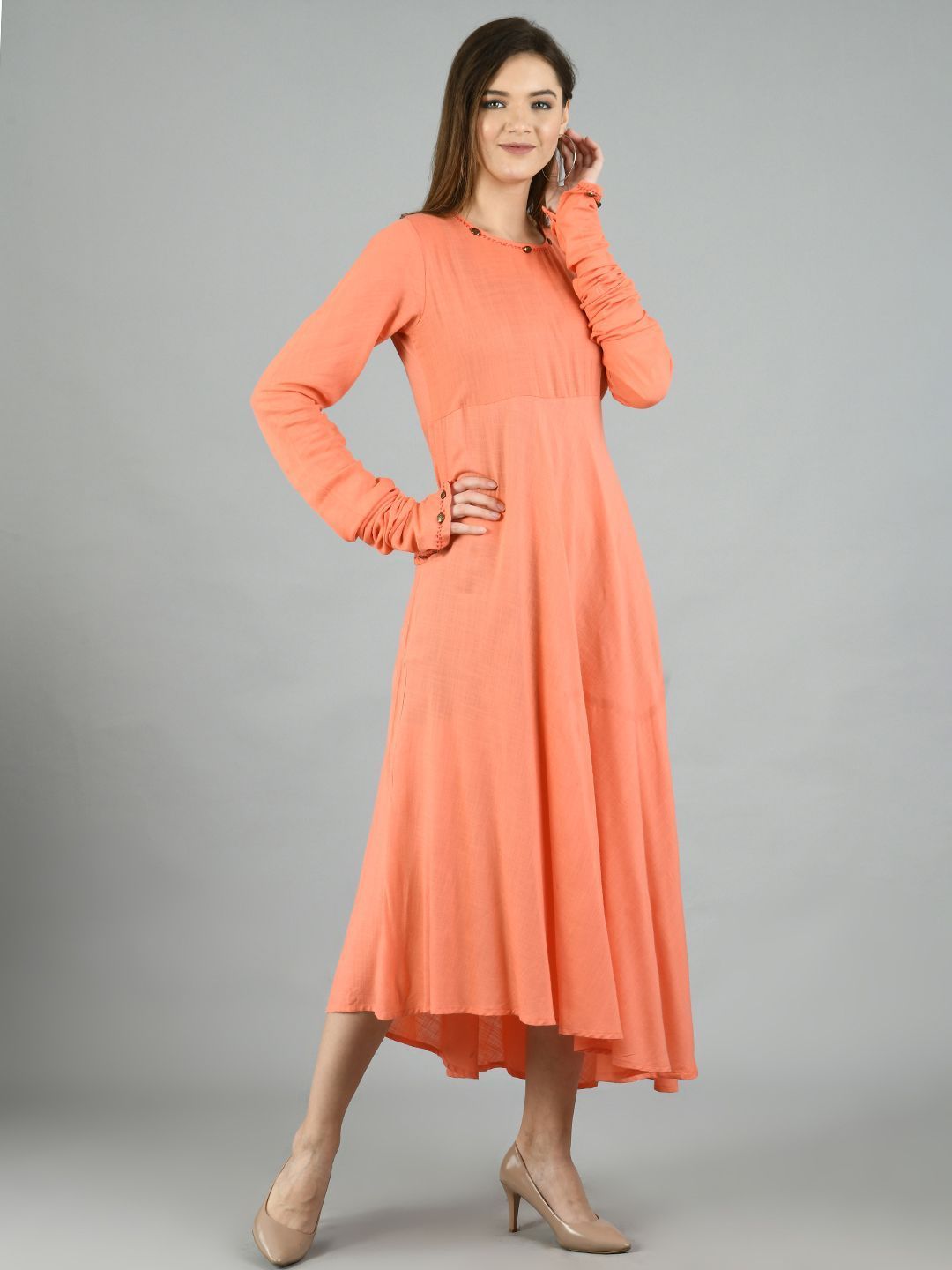 Women's Peach Cotton Solid Full Sleeve Round Neck Casual Dress Dupatta Set