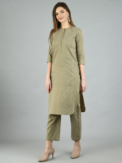 Women's Cotton Solid 3/4 Sleeve Round Neck Casual Kurta Pant Dupatta Set