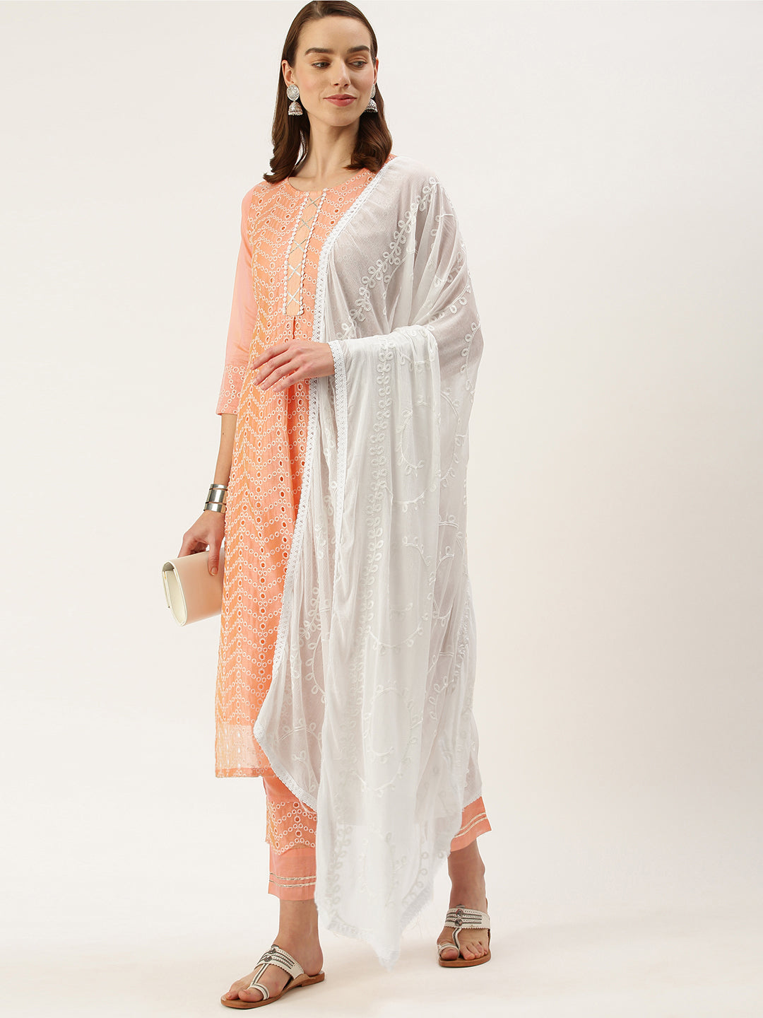 Women's Peach Color Chanderi Silk Straight Embroidered Kurta Pant With Dupatta