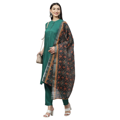 Women's Green Silk Blend Solid 3/4 Sleeve Casual Kurta Pant Dupatta Set