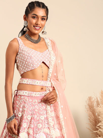 Women's Rose Gold Chinon Sequins And Zarkan Embroidery Lehenga Choli & Dupatta