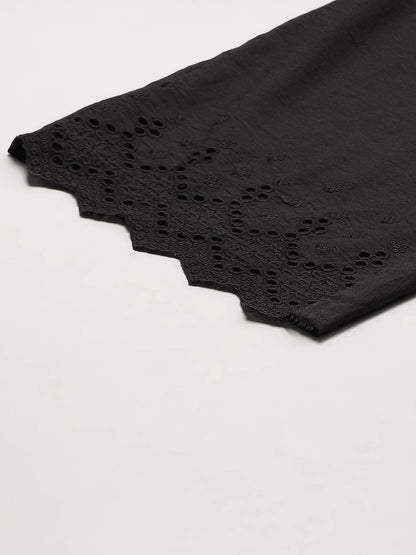 Women's Black Solid Schiffli Straight Cotton Palazzos