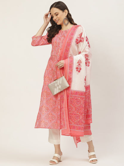 Women's Pink Printed & Embroided Kurta with Trousers & Dupatta (3pc)