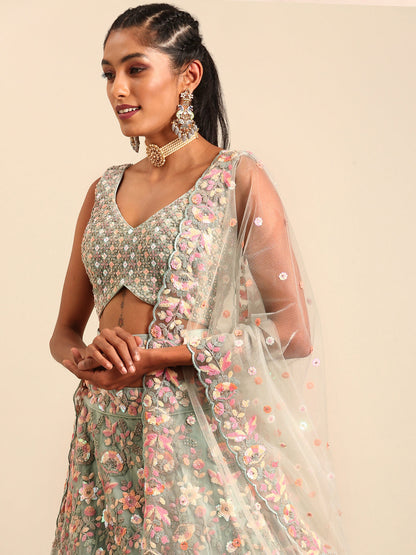 Women 's Sea green Net Multi Sequins with heavy Zarkan embroidery Ready to Wear Lehenga choli & Dupatta