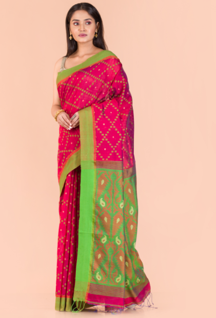 Women's Rani pink Blended cotton jamdani saree