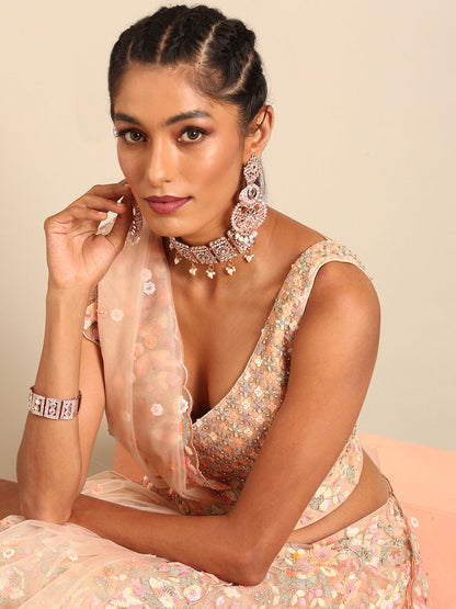 Women 's Peach Net Multi Sequins with heavy Zarkan embroidery Ready to Wear Lehenga choli & Dupatta