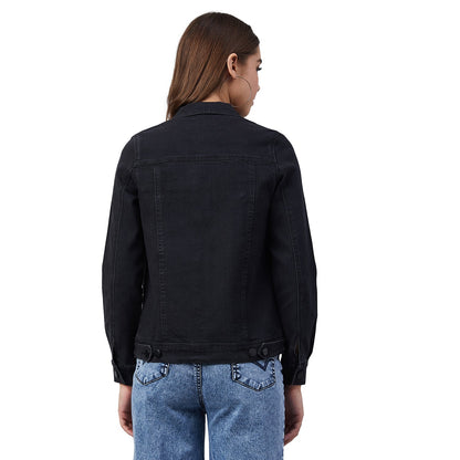 Women's Black Denim Jacket with Detachable Animal Fur Collar