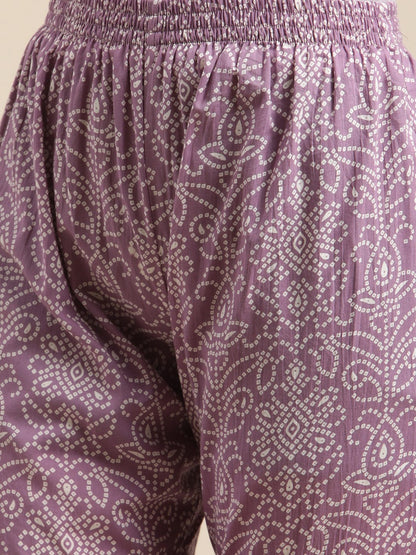 Women's Lavender Bandhej Kurta Sharara Set With Tye And Dye Dupatta And Heavy Gota Embellishment