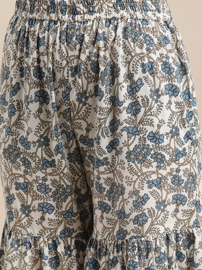 Women's White And Blue Floral Printed Anraklai Kurta Sharara Set With Stripe Dupatta