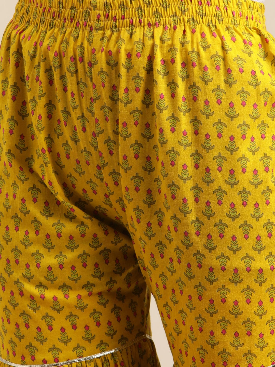 Women's Mustard Floral Gota Embellished Printed Kurta Sharara Set With Pink Tie N Dye Dupatta
