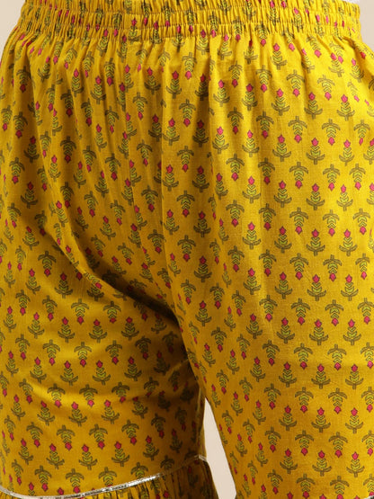 Women's Mustard Floral Gota Embellished Printed Kurta Sharara Set With Pink Tie N Dye Dupatta