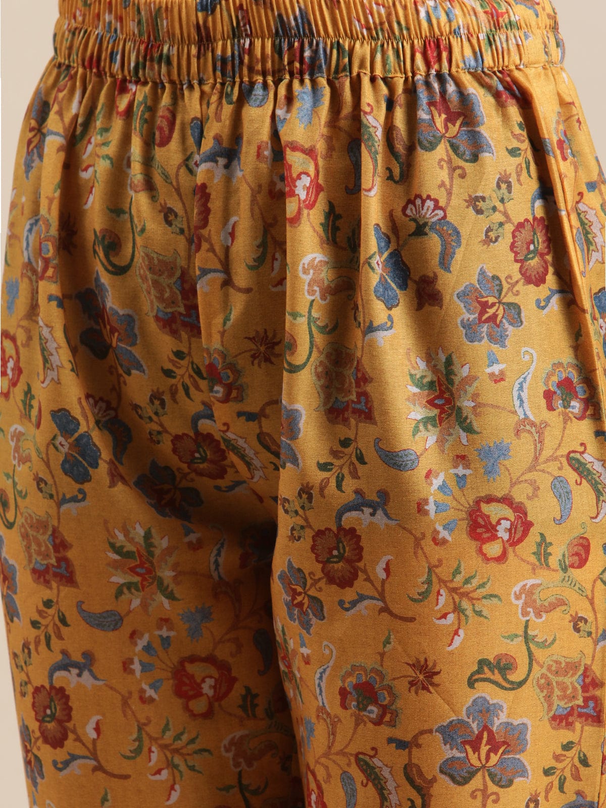 Women's Mustard Floral Printed Zari Work Straight Kurta Trouser Set