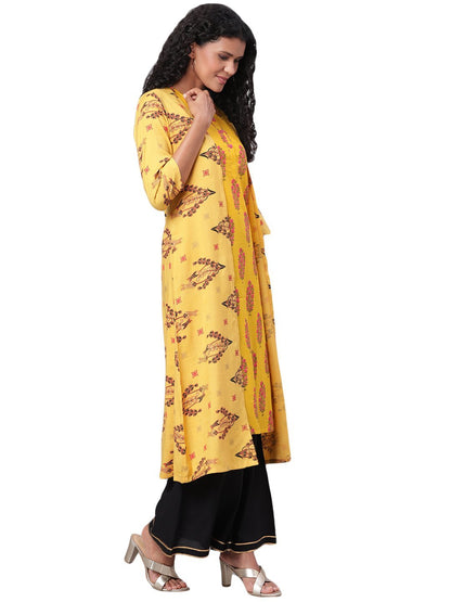 Women's Yellow Printed 3/4 Sleeve Cotton Round Neck Casual Kurta & Shrug Set