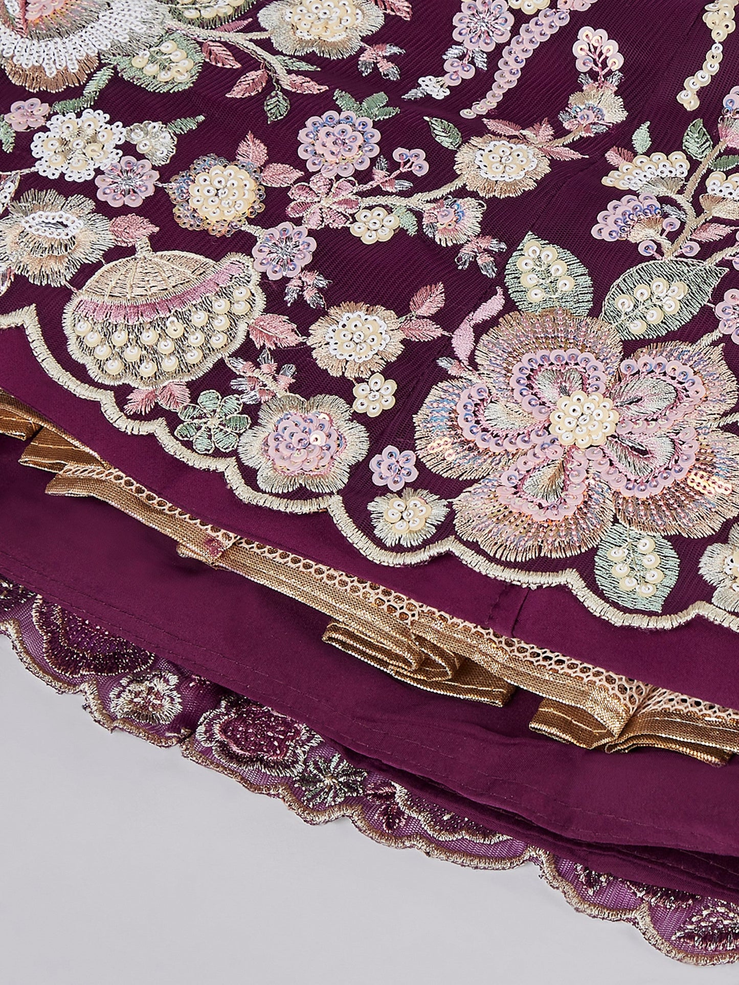 Women's Burgundy Net Sequins And Thread Embroidery Lehenga Choli & Dupatta