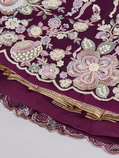 Women's Burgundy Net Sequins And Thread Embroidery Lehenga Choli & Dupatta