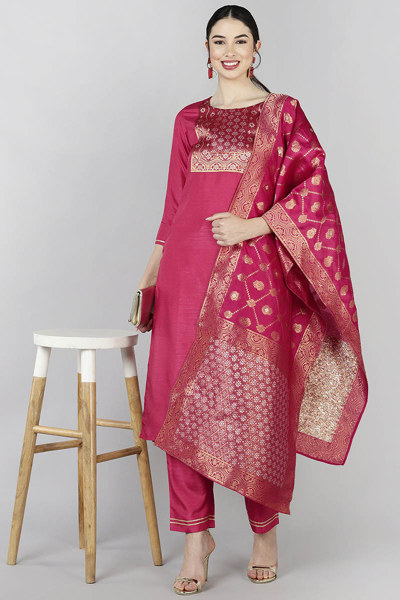 Women's Poly Silk Yoke Design Kurta Pants Dupatta Set  - A